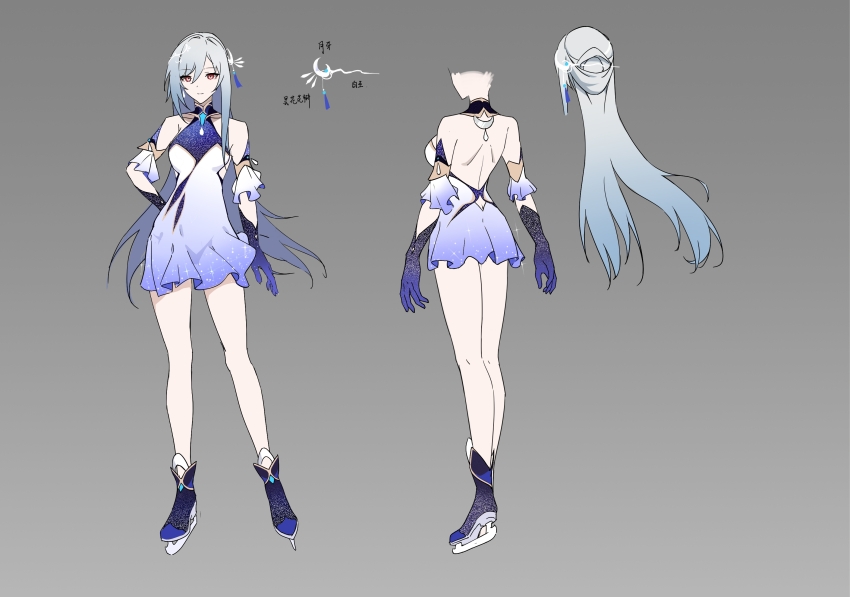1girl alternate_costume bare_back bare_shoulders closed_mouth figure_skating_dress full_body gloves hair_ornament high_ponytail highres honkai:_star_rail honkai_(series) ice_skates jingliu_(honkai:_star_rail) long_hair ponytail purple_gloves red_eyes skates solo standing via_shinan white_hair