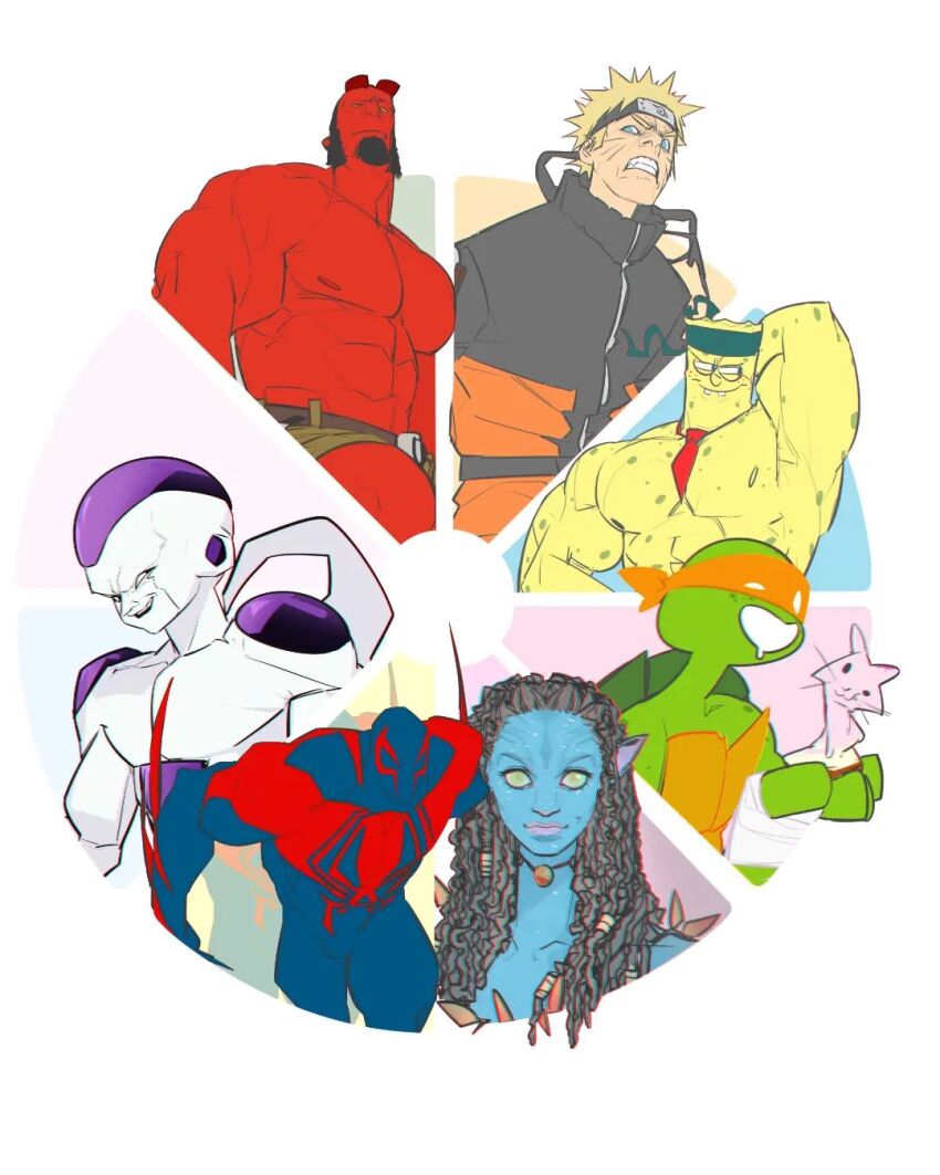 1girl 6+boys abs alien alternate_muscle_size animal_print arm_behind_head arm_blade armor bara between_pectorals biceps black_hair blonde_hair blue_bodysuit blue_eyes blue_skin body_modification bodysuit broken_horn character_request charging_forward color_connection color_wheel_challenge colored_skin cropped_legs cropped_torso demon_boy dragon_ball dragonball_z drooling evil_smile facial_hair final_form_frieza fish_boy fish_girl freckles frieza from_below goatee head_tilt headband hellboy hellboy_(comic) highres horns huge_pectorals jacket james_cameron&#039;s_avatar large_pectorals liyamou long_hair looking_ahead looking_at_viewer manly marvel michelangelo_(tmnt) monster_girl mouth_drool multiple_boys multiple_drawing_challenge muscular muscular_male mutton_chops naruto_(series) naruto_shippuuden navel necktie necktie_between_pectorals no_eyebrows nude open_clothes open_jacket open_mouth pauldrons pectorals print_bodysuit red_bodysuit red_skin reptile_boy shirt short_hair short_necktie short_shorts shorts shoulder_armor sideways_glance skin_tight smile spider-man:_across_the_spider-verse spider-man_(2099) spider-man_(series) spider-verse spider_print spongebob_squarepants spongebob_squarepants_(series) strongman_waist superhero_costume tail_raised teenage_mutant_ninja_turtles thighs toned toned_male toon_(style) topless_male turtle_boy two-tone_bodysuit upper_body uzumaki_naruto weapon white_background white_skin yellow_eyes