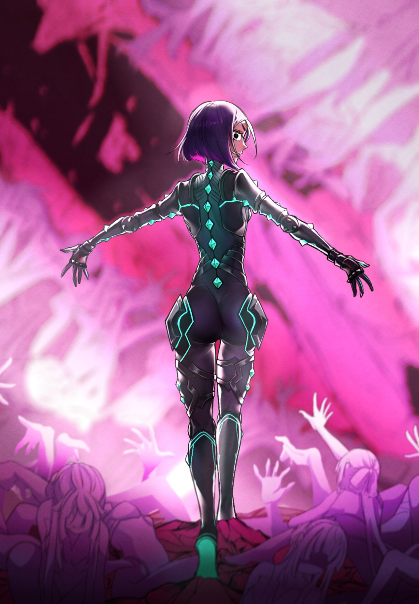 6+girls ass back black_bodysuit black_eyes bodysuit breasts clone fate/grand_order fate_(series) full_body grin highres hiyayaako looking_at_viewer looking_back multiple_girls neon_trim parted_bangs purple_hair short_hair small_breasts smile solo_focus ushi_gozen_(avenger)_(fate) ushi_gozen_(fate) yui_shousetsu_(fate)