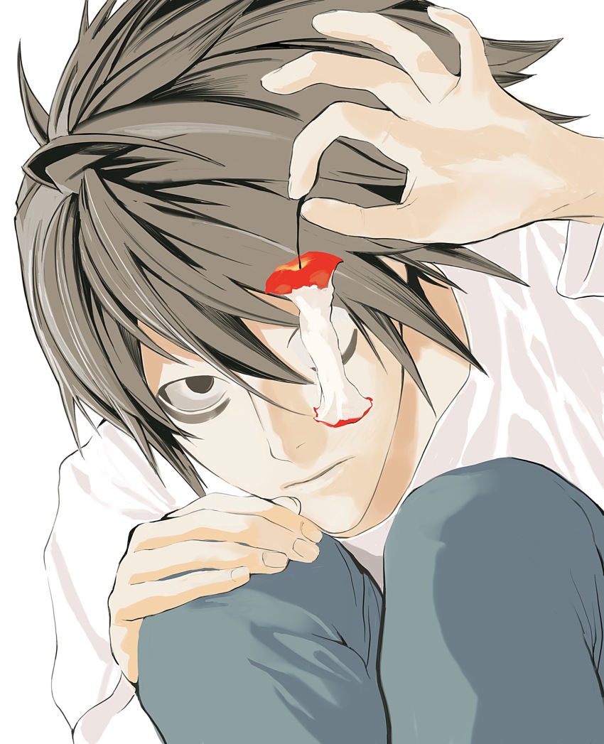1boy :i absurdres apple apple_core bags_under_eyes black_hair blue_pants chinese_commentary closed_mouth commentary_request crew_neck death_note denim fingernails food fruit highres holding holding_food jeans knees_up l_(death_note) lomizuki long_sleeves male_focus pants shirt simple_background solo white_background white_shirt