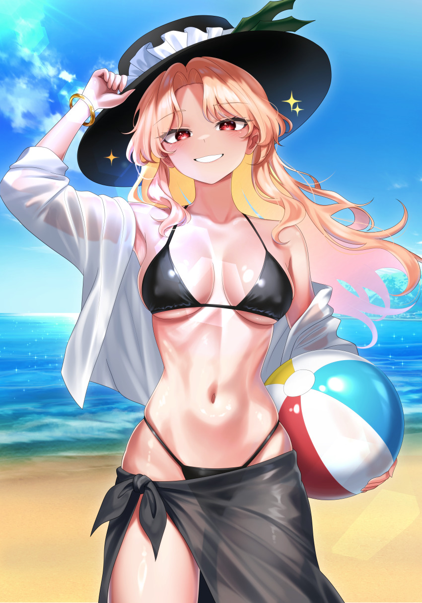 1girl absurdres ball bangle bare_shoulders beach beachball bikini black_bikini black_hat black_sarong blonde_hair blue_sky blush bracelet breasts cleavage cloud cloudy_sky collarbone commentary_request fedora frilled_hat frills grin hat hat_feather head_tilt highres jacket_girl_(dipp) jewelry leo23 light_blush long_hair looking_at_viewer medium_breasts navel ocean open_clothes open_shirt parted_bangs red_eyes sand sarong see-through_clothes see-through_sarong see-through_shirt shirt sky smile solo sparkle swimsuit touhou very_long_hair white_shirt