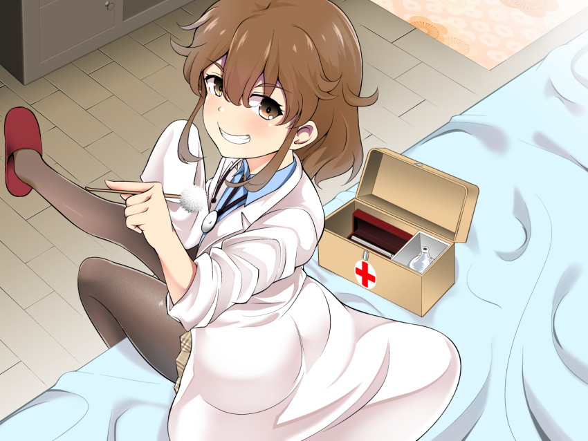 1girl ass brown_eyes brown_hair brown_pantyhose ear_cleaning first_aid_kit indoors kuku123 medium_hair mimikaki on_bed original pantyhose red_slippers sidelocks sitting slippers stethoscope