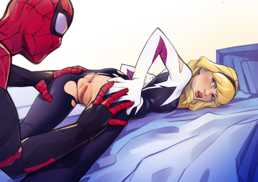 1boy 1girl :o absurdres anus black_bodysuit blonde_hair blue_eyes bodysuit breasts commentary female_pubic_hair highres hood hooded_bodysuit long_hair looking_at_another marvel momdadno pubic_hair pussy small_breasts spider-gwen spider-man spider-man_(series) spreading_another&#039;s_ass superhero_costume symbol-only_commentary torn_bodysuit torn_clothes white_background white_bodysuit