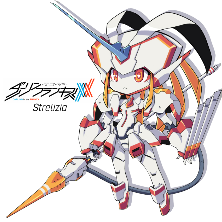 1girl android armor blue_horns chibi chibi_only darling_in_the_franxx heart heart-shaped_pupils horns lance mecha necktie orange_eyes orange_necktie polearm qrullgx13 robot robot_girl shoulder_armor single_horn skirt solo strelizia symbol-shaped_pupils weapon