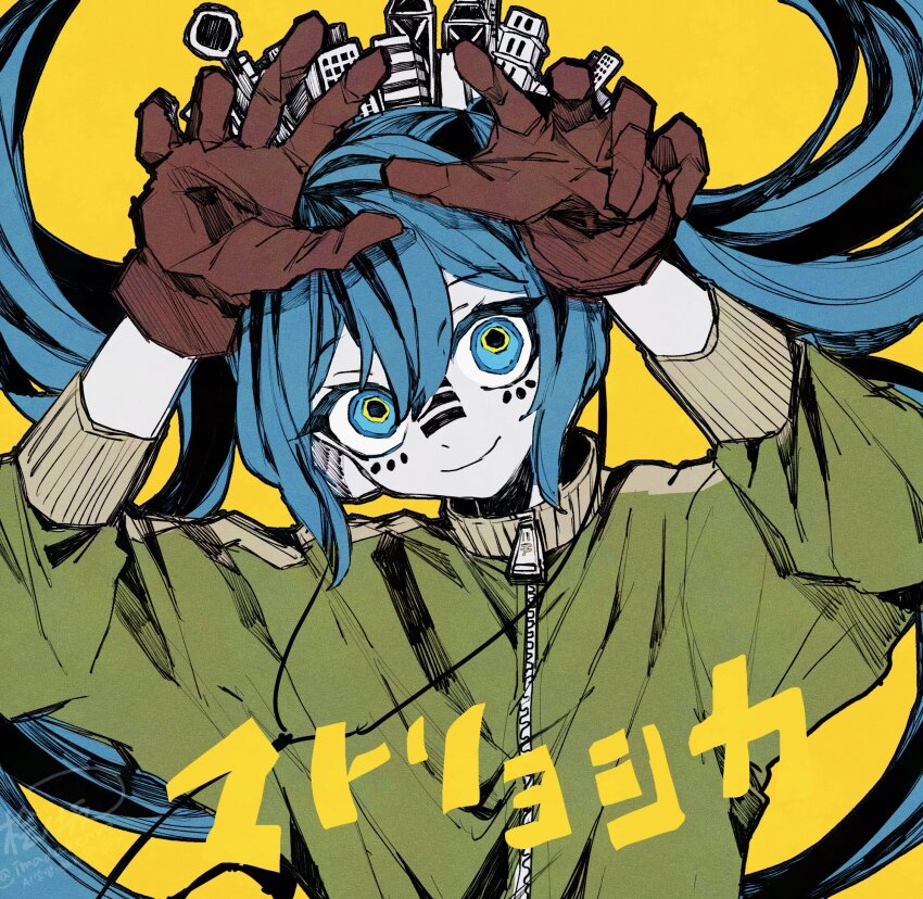 1girl blue_eyes blue_hair brown_gloves commentary_request facial_mark gloves green_jacket hair_between_eyes hatsune_miku highres hinoki_(yesfish1117) jacket long_hair long_sleeves looking_at_viewer matryoshka_(vocaloid) pale_skin simple_background smile solo song_name twintails upper_body very_long_hair vocaloid zipper zipper_pull_tab