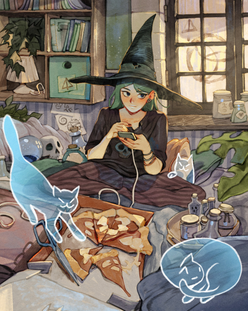 1girl bed black_shirt blue_eyes book bookshelf bracelet cat cellphone closed_mouth commentary day earrings english_commentary flask food ghost green_hair hat hat_ribbon highres holding holding_phone jar jewelry lamp looking_to_the_side nail_polish on_bed original pajama_pants pajamas phone pillow pizza pizza_box plant potted_plant ribbon runes shirt simz sitting skull slice_of_life smartphone solo striped_clothes striped_pajamas sunlight tray window witch_hat