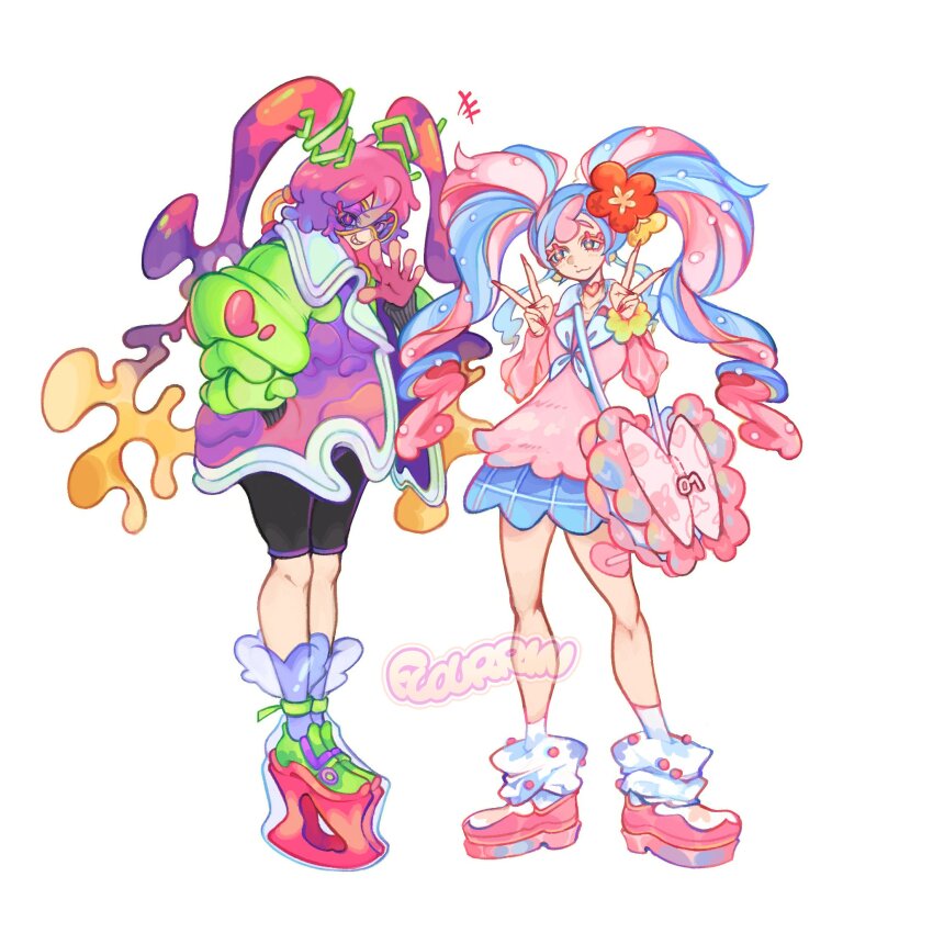 2girls ? black_jumpsuit blonde_hair blue_eyes blue_hair blue_skirt bow-shaped_bag choker coat collared_sweater fairy_miku_(project_voltage) flourrin flower full_body gloves gradient_coat green_sleeves grin hair_flower hair_ornament hatsune_miku heart heart_choker highres jumpsuit long_hair long_sleeves looking_at_viewer loose_socks multicolored_coat multicolored_hair multiple_girls neckerchief nintendo pink_bag pink_choker pink_gloves pink_hair pink_nails pink_shoes pink_sweater platform_shoes poison_miku_(project_voltage) pokemon project_voltage purple-tinted_eyewear purple_coat purple_eyes purple_hair red_flower scrunchie see-through_clothes see-through_footwear shoes short_jumpsuit simple_background skirt smile socks standing sweater tinted_eyewear twintails two-tone_hair vocaloid white_background white_neckerchief wrist_scrunchie yellow_flower