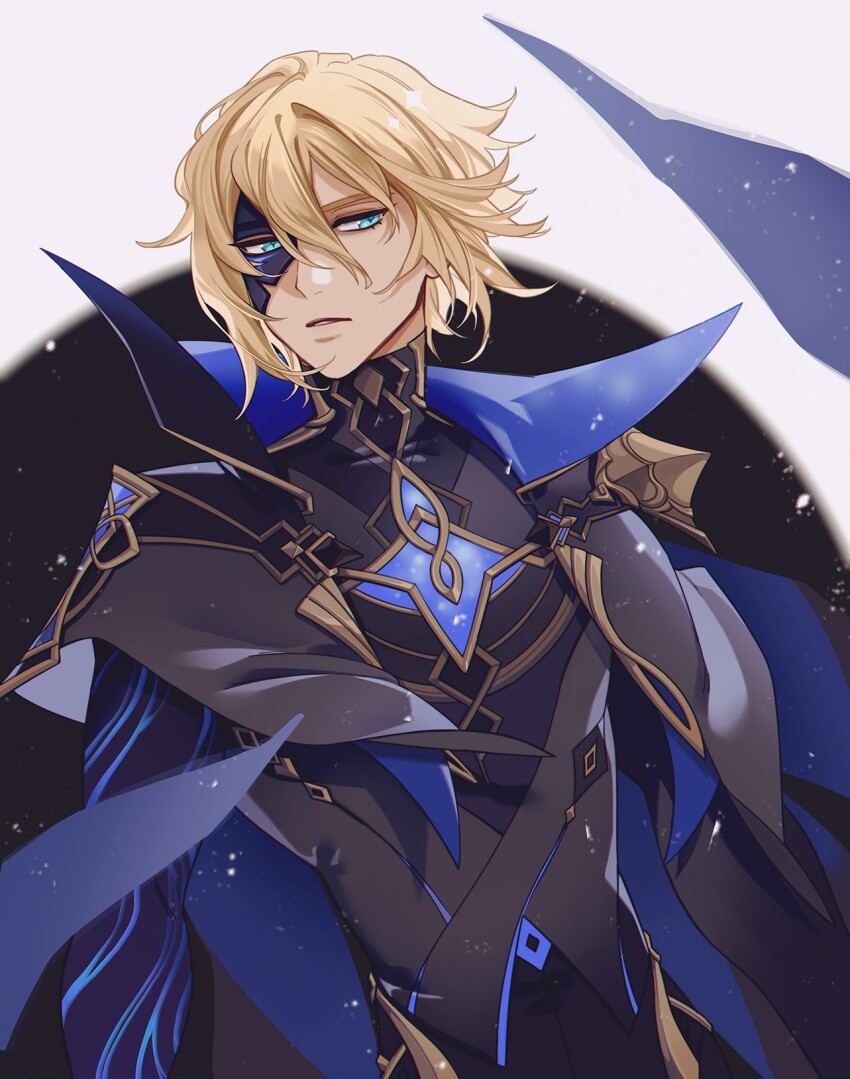 1boy black_mask blonde_hair blue_eyes cape colored_skin commentary dainsleif_(genshin_impact) english_commentary genshin_impact half_mask highres looking_to_the_side male_focus mask mystical_high_collar ornate_clothes parted_lips ruebird solo two-sided_cape two-sided_fabric upper_body white_background