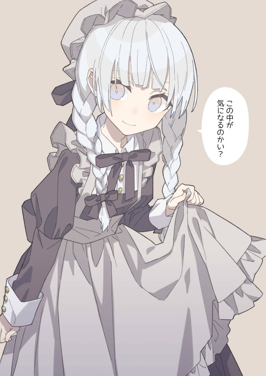 1boy absurdres amezaza apron apron_lift black_dress black_ribbon braid brown_background buttons clothes_lift crossdressing crossdressing_(mtf) dress eyebrows_hidden_by_hair grey_eyes hair_ribbon hat highres juliet_sleeves juusan_kihei_bouei_ken light_blush long_hair long_sleeves looking_at_viewer low_twin_braids maid maid_apron male_focus male_maid mob_cap neck_ribbon okino_tsukasa puffy_sleeves ribbon simple_background sleeve_cuffs smile solo speech_bubble translated trap twin_braids white_hair