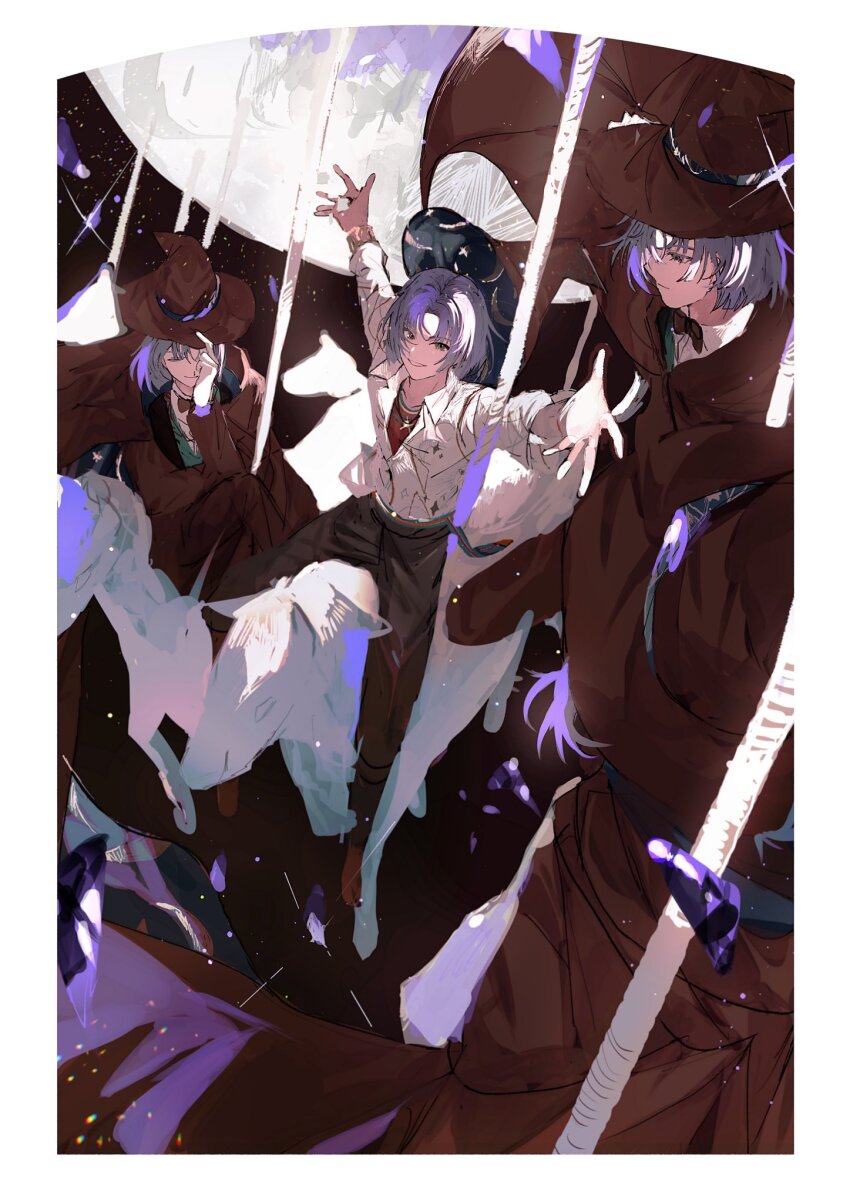 22kolink carousel collared_shirt highres looking_at_viewer mahoutsukai_no_yakusoku male_focus multiple_boys necktie pants purple_hair shirt short_hair smile white_shirt