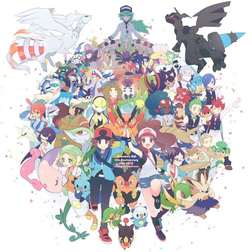 6+boys 6+girls :d alder_(pokemon) anniversary anthea_(pokemon) archeops arm_up artist_name aurea_juniper bag baseball_cap beret between_breasts bianca_(pokemon) black_footwear black_legwear black_pants black_undershirt black_vest blonde_hair blouse blue_eyes blue_jacket blunt_bangs blush boots bow bowtie breasts bronius_(pokemon) brown_hair brown_shirt brown_vest brycen_(pokemon) burgh_(pokemon) caitlin_(pokemon) cedric_juniper chandelure cheren_(pokemon) chili_(pokemon) cilan_(pokemon) clay_(pokemon) cocoloco commentary_request concordia_(pokemon) confetti conkeldurr cress_(pokemon) cryogonal dated dewott drayden_(pokemon) dress druddigon elesa_(pokemon) emboar emmet_(pokemon) emolga everyone excadrill eyelashes fennel_(pokemon) flats floating_hair garbodor gen_5_pokemon ghetsis_(pokemon) giallo_(pokemon) gloves gorm_(pokemon) green_bag green_eyes green_hair green_headwear green_neckwear grimsley_(pokemon) hand_up hat haxorus headphones high_five highres hilbert_(pokemon) hilda_(pokemon) hydreigon ingo_(pokemon) iris_(pokemon) jacket jewelry leavanny legendary_pokemon lenora_(pokemon) liepard long_hair looking_at_viewer marshal_(pokemon) multiple_boys multiple_girls musharna n_(pokemon) necklace necktie nintendo open_clothes open_jacket open_mouth orange_legwear orange_vest oshawott panpour pansage pansear pants pantyhose peaked_cap pokemon pokemon_(creature) pokemon_bw red_footwear reshiram reuniclus rood_(pokemon) ryoku_(pokemon) samurott serperior servine shauntal_(pokemon) shirt shoes short_hair short_sleeves shorts shoulder_bag sidelocks skyla_(pokemon) smile snivy socks stoutland strap_between_breasts swanna tepig traditional_bowtie two-tone_headwear vest volcarona watchog white_dress white_shirt yellow_shoes zekrom zinzolin_(pokemon)
