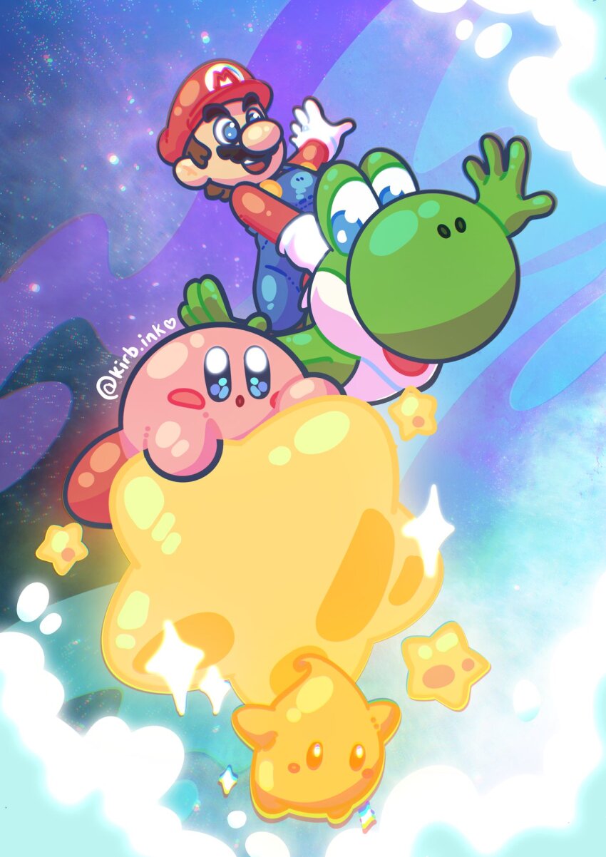 aimaay artist_name cabbie_hat commentary crossover english_commentary gloves hat highres kirby kirby_(series) long_sleeves luma_(mario) mario mario_(series) nintendo red_hat red_shirt shirt super_mario_galaxy_2 warp_star white_gloves yoshi