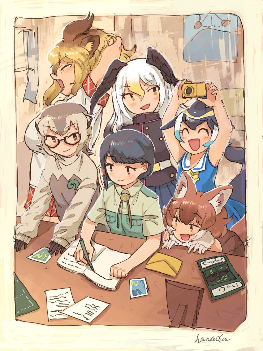 6+girls ^_^ animal_ears bald_eagle_(kemono_friends) bare_shoulders bird_girl bird_wings black_hair black_jacket blonde_hair blowhole blue_hair blue_skirt blush brown_eyes brown_gloves brown_skirt captain_(kemono_friends) cetacean_tail closed_eyes collared_shirt common_dolphin_(kemono_friends) desk dhole_(kemono_friends) dog_ears dog_girl dog_tail dolphin_girl dorsal_fin dress epaulettes fangs fins fish_tail fur_trim glasses gloves green_shirt grey_hair grey_sweater hair_between_eyes hanada_(cobalt003) head_wings high_collar highres jacket japari_symbol kemono_friends kemono_friends_3 lion_(kemono_friends) lion_ears long_hair long_sleeves meerkat_(kemono_friends) meerkat_ears multiple_girls neck_ribbon neckerchief notebook open_mouth pencil photo_(object) picture_frame plaid_clothes plaid_skirt plaid_trim pleated_skirt ribbon sailor_collar sailor_dress shirt short_hair skirt sleeveless stretching sweater tail two-tone_shirt two-tone_sweater uniform white_gloves white_hair white_shirt wings writing yellow_eyes yellow_neckwear