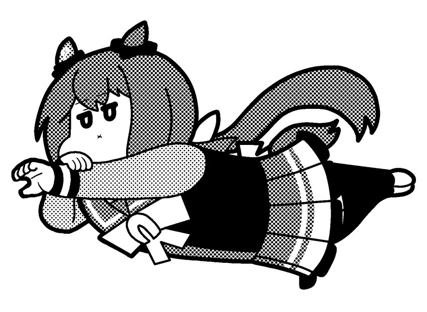 1girl admire_vega_(umamusume) bow bowtie ear_covers ear_ornament greyscale hair_bow horse_girl jitome koutarosu long_hair long_sleeves low_ponytail monochrome outstretched_hand pleated_skirt ponytail psycho_crusher sailor_collar sailor_shirt school_uniform screentones shirt single_ear_cover skirt solo thighhighs tracen_school_uniform umamusume very_long_hair winter_uniform