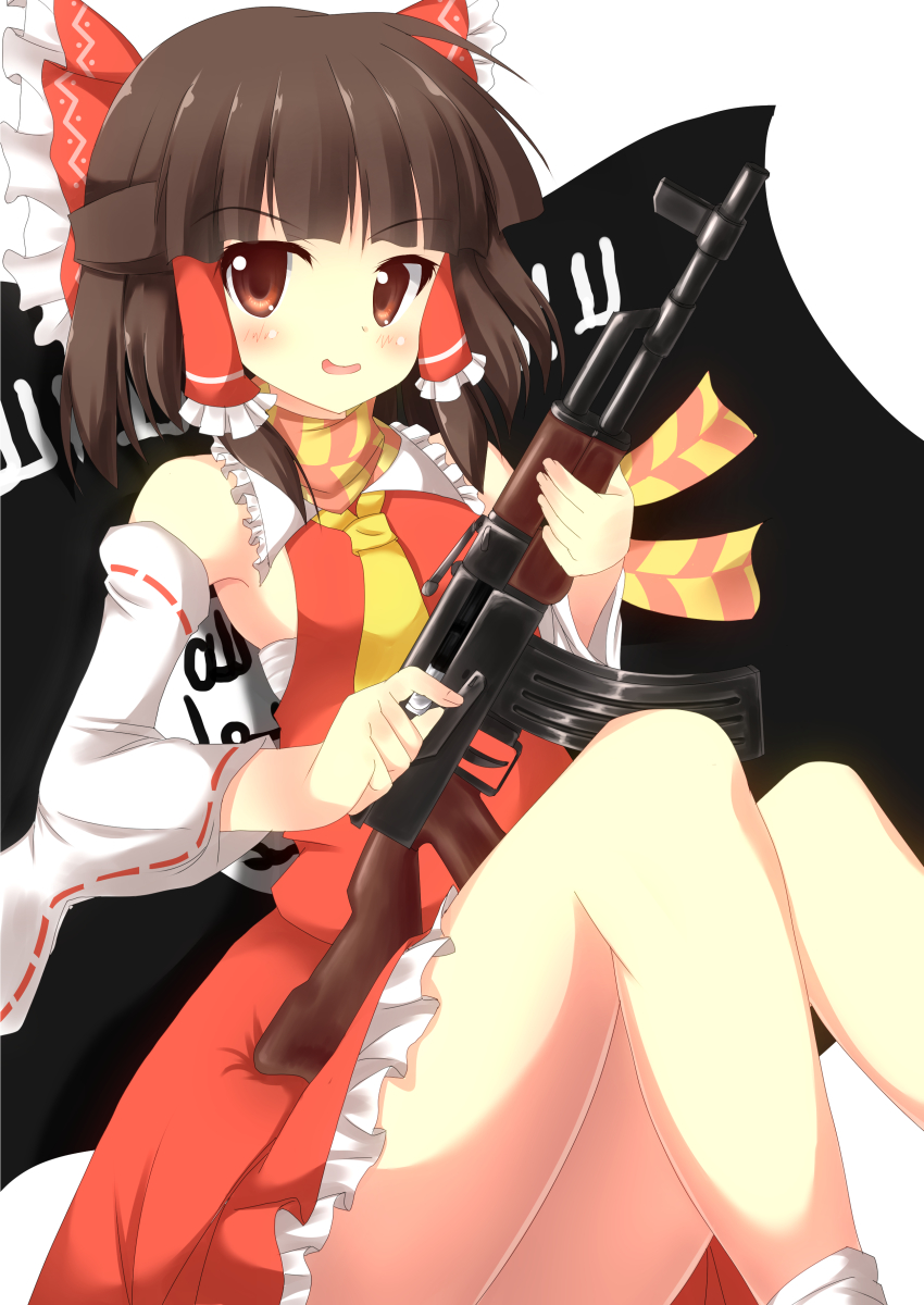 1girl absurdres ak-47 alternate_hairstyle assault_rifle benikurage_(cookie) blunt_bangs blush bow brown_eyes brown_hair commentary_request cookie_(touhou) detached_sleeves feet_out_of_frame flag frilled_hair_tubes frilled_skirt frills gun hair_bow hair_tubes hakurei_reimu half_updo highres holding holding_gun holding_weapon isis_(terrorist_group) kalashnikov_rifle looking_at_viewer medium_hair necktie open_mouth orange_scarf red_bow red_shirt red_skirt ribbon-trimmed_sleeves ribbon_trim rifle sarashi scarf shirt simple_background skirt sleeveless sleeveless_shirt smile solo striped_clothes striped_scarf szk touhou weapon white_background white_sleeves yellow_necktie yellow_scarf