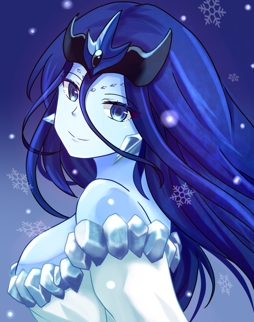 1girl bare_shoulders beyblade blue_background blue_hair blue_skin blue_theme breasts colored_skin dress eyelashes hair_between_eyes highres kuroneko86 large_breasts long_hair looking_at_viewer snowflakes solo upper_body white_dress yuki_onna_(beyblade)