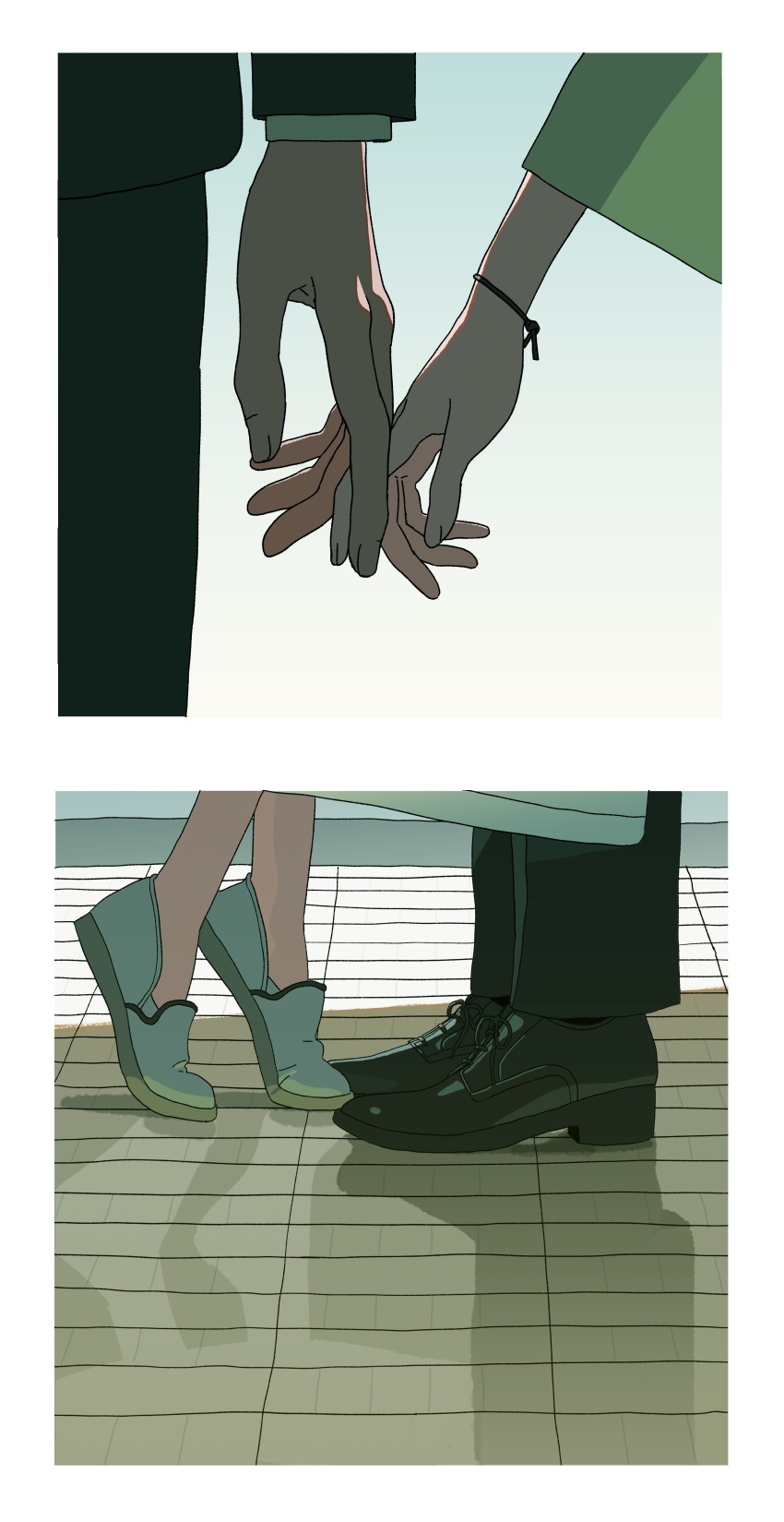 1boy 1girl absurdres black_shoes border close-up commentary_request dismal_poop feet fingernails foot_focus gakuen_idolmaster hand_focus hetero highres holding_hands idolmaster implied_kiss multiple_views partial_commentary producer_(idolmaster) shinosawa_hiro shoes tiptoes white_border white_shoes