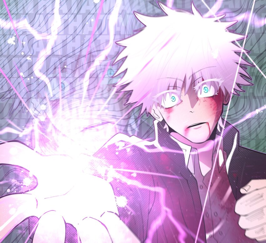 1boy artist_name black_jacket blood blood_from_mouth blood_on_face blue_eyes collared_shirt colored_eyelashes energy_ball gojou_satoru hair_between_eyes highres incoming_attack jacket jujutsu_kaisen jujutsu_tech_uniform looking_at_viewer male_focus open_clothes open_jacket parted_lips shirt solo teeth text_background thatamaan upper_body upper_teeth_only white_eyelashes white_hair white_shirt zoom_layer