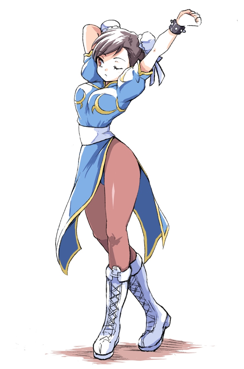 1girl arm_behind_head arms_up black_hair blue_dress boots bracelet breasts brown_eyes brown_hair brown_pantyhose bun_cover capcom china_dress chinese_clothes chun-li closed_mouth commentary_request double_bun dress full_body hair_bun highres ikaringo_(ikaringo4444) jewelry lace-up_boots medium_breasts narrow_waist one_eye_closed pantyhose puffy_short_sleeves puffy_sleeves sash short_sleeves solo spiked_bracelet spikes standing street_fighter street_fighter_ii_(series) thighs white_background white_boots white_sash wide_hips