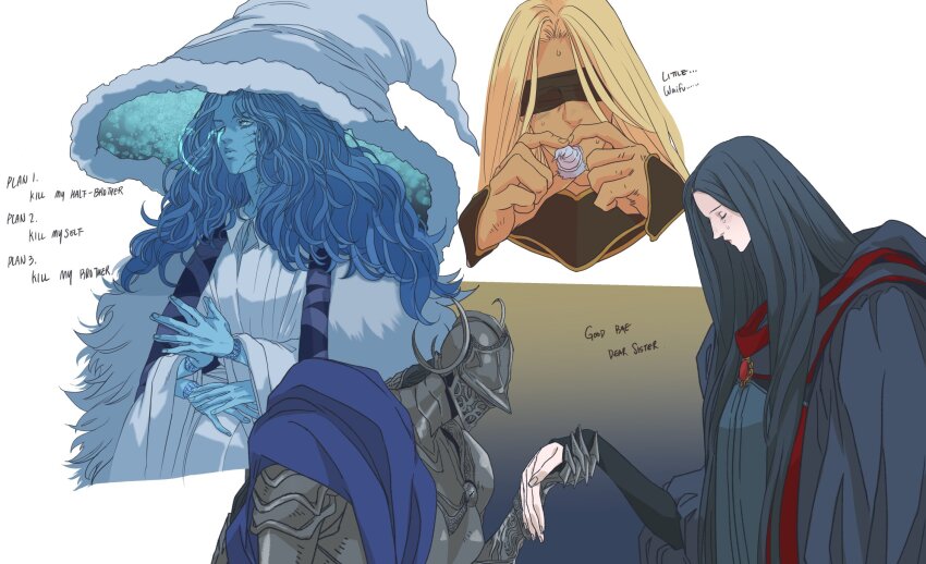 4girls armor aunt_and_niece black_blindfold black_hair black_sleeves blindfold blue_cape blue_eyes blue_hair blue_robe blue_skin cape cloak closed_eyes closed_mouth colored_skin commentary cracked_skin doll_joints dress elden_ring elden_ring:_shadow_of_the_erdtree english_commentary english_text facial_tattoo fingernails full_armor fur_cloak glowing_tattoo hat helmet highres holding_hands joints large_hat long_hair long_sleeves marceline2174 miniature_ranni mother_and_daughter multiple_girls one_eye_closed own_hands_together profile ranni_the_witch rellana_twin_moon_knight rennala_queen_of_the_full_moon robe siblings sisters sweat tarnished_(elden_ring) tattoo very_long_hair wavy_hair white_background white_cloak white_dress white_hat wide_sleeves witch witch_hat