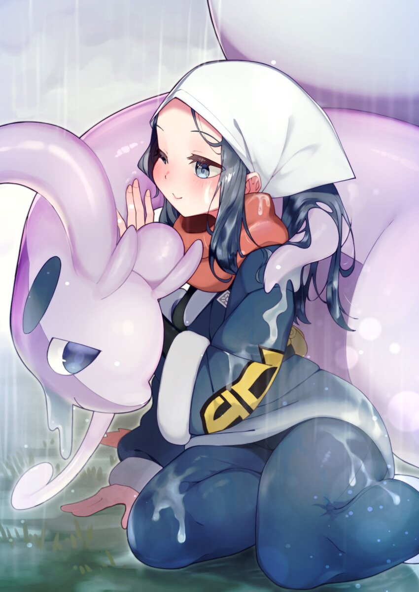 1girl akari_(pokemon) blue_jacket blue_pantyhose blue_skirt closed_mouth creatures_(company) fingernails galaxy_expedition_team_survey_corps_uniform game_freak gradient_clothes gradient_skirt grass grey_eyes grey_hair headscarf highres hisuian_goodra jacket long_hair miniskirt nintendo on_grass overcast pantyhose pokemon pokemon_(creature) pokemon_legends:_arceus ponytail rain red_scarf rindoriko scarf sitting skirt sky slime_(substance) smile two-tone_skirt white_headscarf white_skirt yokozuwari