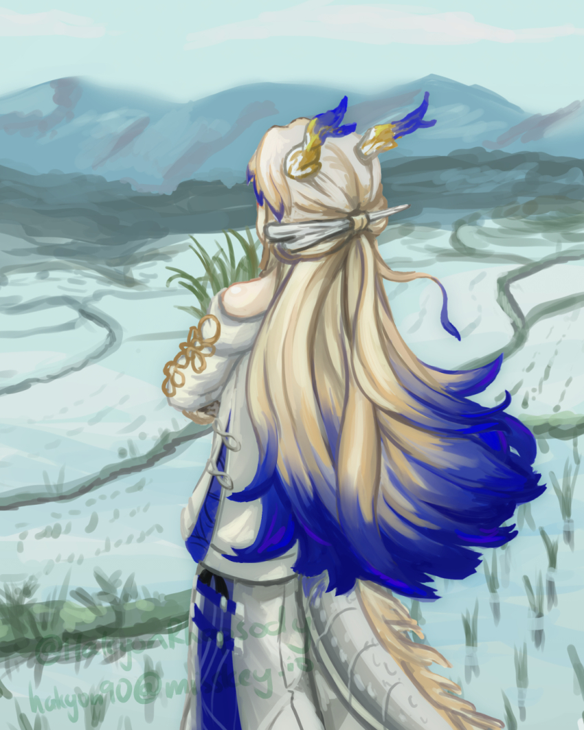 1girl arknights bare_shoulders blonde_hair commentary_request cowboy_shot day dragon_girl dragon_horns dragon_tail facing_away from_behind grey_hair grey_jacket hair_ornament hair_stick hairpin halcyon_(halcyon90) highres horns jacket long_hair multicolored_hair off_shoulder outdoors plant purple_hair rice_(plant) rice_paddy shu_(arknights) solo standing tail watermark