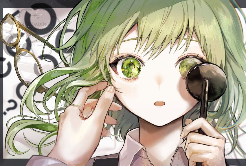 1girl ? absurdres collared_shirt eye_chart glasses green_eyes green_hair gumi highres holding landolt_c looking_at_viewer occluder open_mouth pipi_(pipinavigation) pov pov_hands shirt shiryoku_kensa_(vocaloid) short_hair straight-on surprised vocaloid
