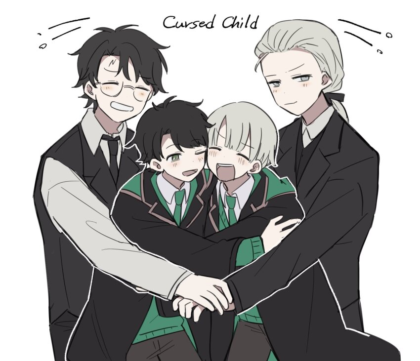 4boys aged_up albus_severus_potter black_hair black_robe blonde_hair draco_malfoy father_and_son glasses harry_potter harry_potter_(series) harry_potter_and_the_cursed_child highres hogwarts_school_uniform long_hair matecharon multiple_boys necktie ponytail robe scar scar_on_face scar_on_forehead school_uniform scorpius_malfoy short_hair slytherin wizarding_world