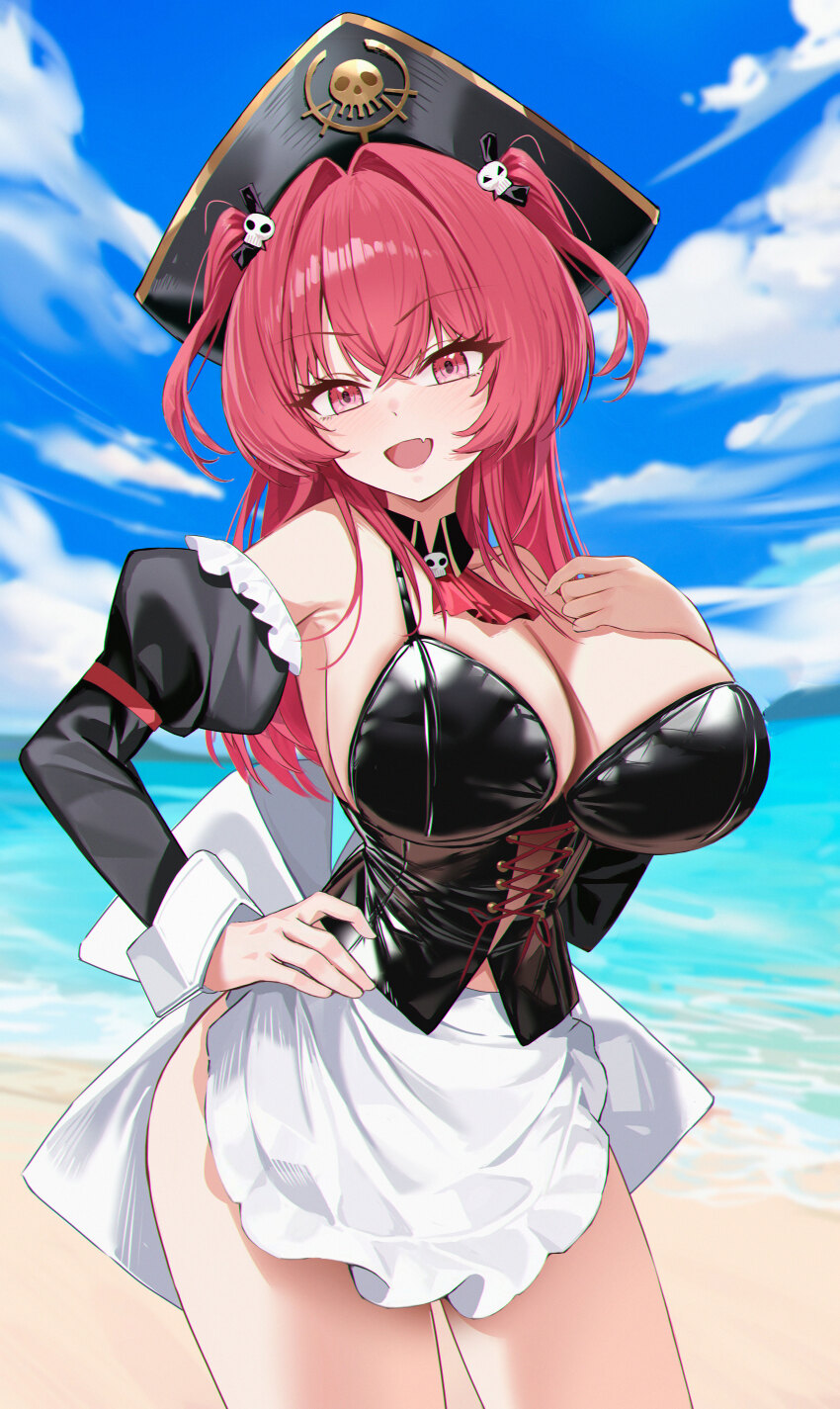 1girl absurdres akipopopopoon apron ascot beach black_corset blue_sky breasts cleavage cloud corset day detached_sleeves goddess_of_victory:_nikke hair_ornament hand_on_own_hip hat highres large_breasts long_hair looking_at_viewer maid_apron mast_(nikke) mast_(romantic_maid)_(nikke) official_alternate_costume outdoors pink_eyes pirate_hat puffy_sleeves red_ascot red_hair skull_hair_ornament sky solo