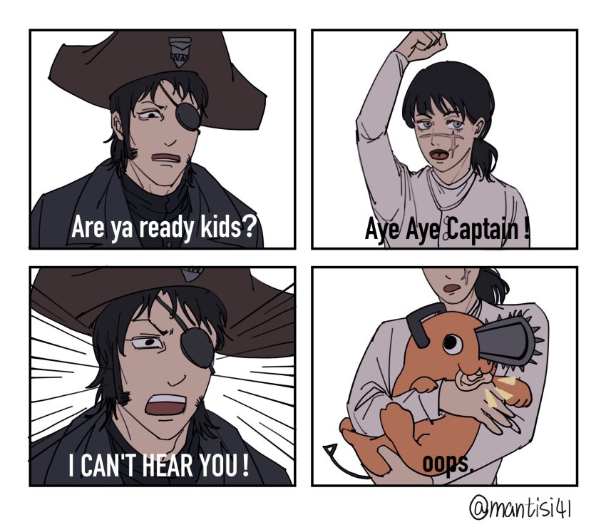 1boy 1girl bicorne biting black_hair chainsaw chainsaw_man crossover demon biting_ear ear_in_mouth english_text eyepatch facial_scar fist_pump hat highres katana_man_(chainsaw_man) mantisi41 orange_fur pochita_(chainsaw_man) scar scar_on_cheek scar_on_face scar_on_nose short_twintails spongebob_squarepants_(series) twintails twitter_username yoru_(chainsaw_man)