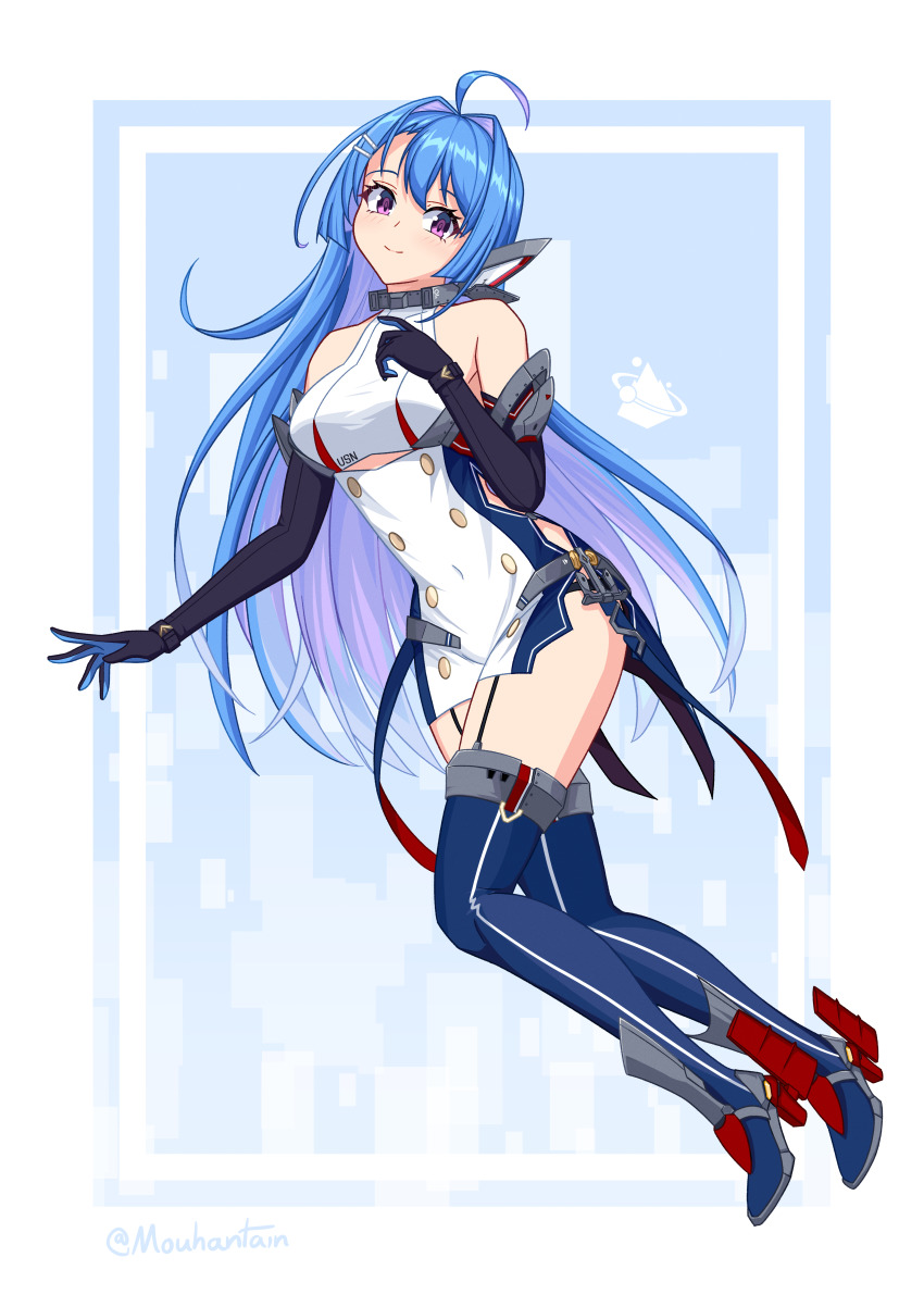 1girl absurdres ahoge azur_lane bare_shoulders black_gloves blue_boots blue_hair boots breasts buttons double-breasted dress elbow_gloves full_body garter_straps gloves helena_(azur_lane) helena_(retrofit)_(azur_lane) highres looking_at_viewer medium_breasts microdress mouhantain multicolored_hair purple_eyes purple_hair retrofit_(azur_lane) rudder_footwear simple_background sleeveless sleeveless_dress solo thigh_boots thighhighs two-tone_hair