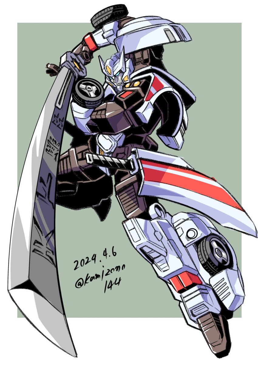 autobot blue_eyes border dated drift_(transformers) frown green_back highres holding holding_sword holding_weapon kamizono_(spookyhouse) looking_at_viewer mecha mecha_focus no_humans outside_border robot science_fiction simple_background sword the_transformers_(idw) transformers twitter_username weapon wheel white_border