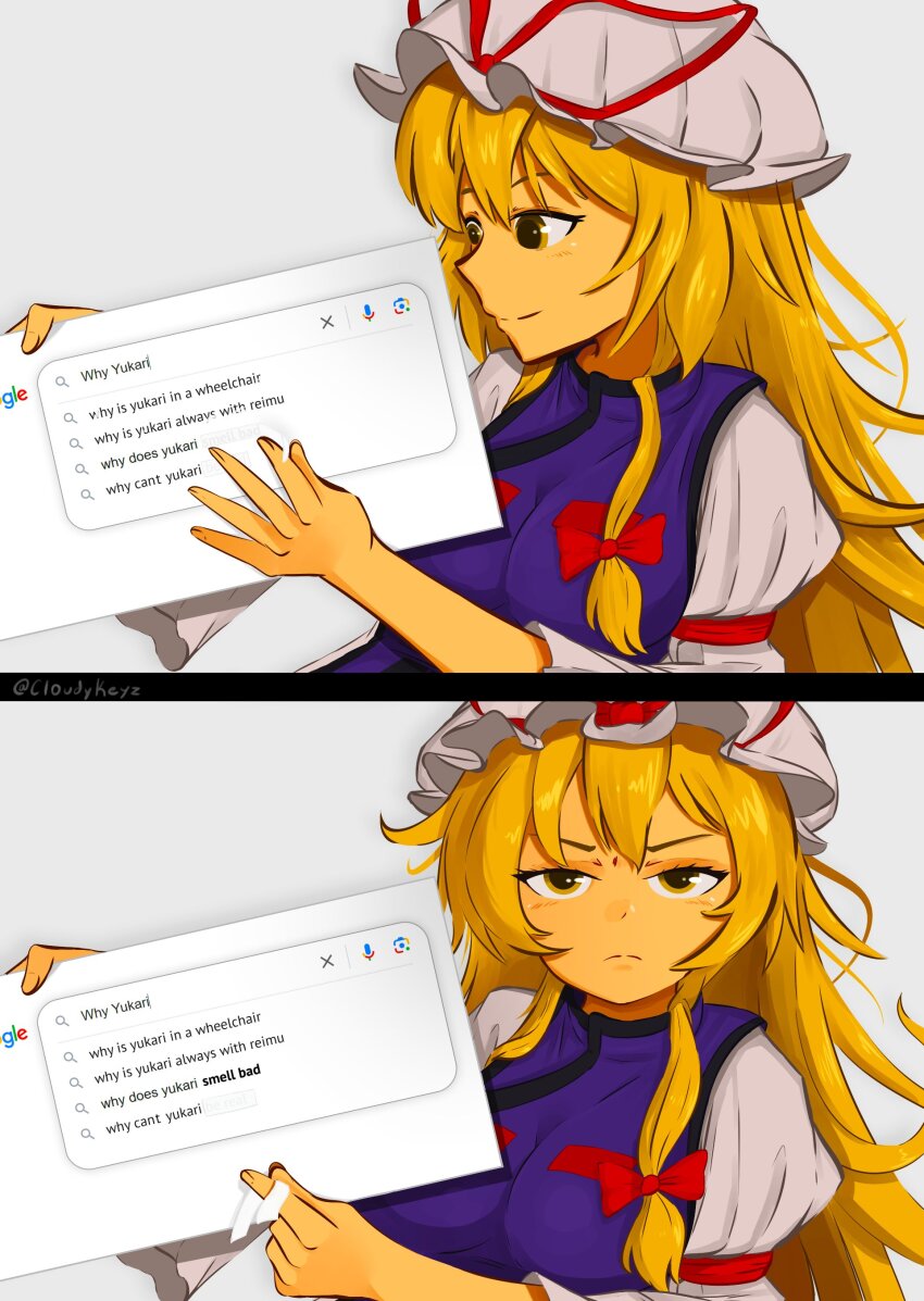 1girl absurdres blonde_hair bow closed_mouth cloudykeyz commentary dress egosearching english_commentary english_text frown google hair_bow hat hat_ribbon highres long_hair long_sleeves mob_cap purple_dress purple_tabard red_bow red_ribbon ribbon smile solo tabard touhou yakumo_yukari