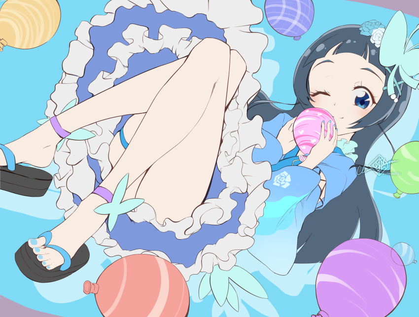 1girl absurdres anklet aokaze_nana arched_bangs balloon blue_background blue_eyes blue_hair blue_nails blue_skirt butterfly_hair_ornament clear_glass_(mildmild1311) flat_color flower frilled_skirt frills hair_flower hair_ornament highres holding holding_balloon japanese_clothes jewelry kimi_to_idol_precure light_smile long_hair long_sleeves nail_polish okobo one_eye_closed platform_sandals precure sandals short_bangs sidelocks skirt solo toenail_polish toenails wide_sleeves x_hair_ornament