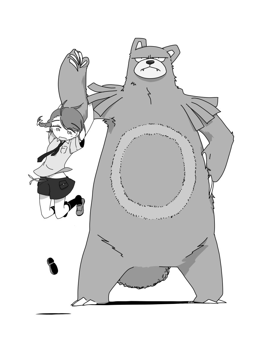 1girl absurdres claws collared_shirt fangs gen_2_pokemon greyscale hand_on_own_hip highres juliana_(pokemon) kneehighs monochrome necktie nintendo open_mouth pokemon pokemon_(creature) pokemon_sv school_uniform shirt shoes short_sleeves shorts simple_background single_shoe socks standing taiyaki686 ursaring