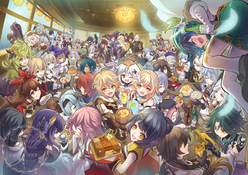 6+boys 6+girls absurdres aether_(genshin_impact) albedo_(genshin_impact) amber_(genshin_impact) aranara_(genshin_impact) arataki_itto ayaka_(genshin_impact) barbara_(genshin_impact) beidou_(genshin_impact) bennett_(genshin_impact) black_hair blonde_hair blue_eyes blue_hair brown_hair candace_(genshin_impact) chongyun_(genshin_impact) closed_eyes collei_(genshin_impact) commentary_request cyno_(genshin_impact) diluc_(genshin_impact) diona_(genshin_impact) dori_(genshin_impact) eula_(genshin_impact) everyone fischl_(genshin_impact) food ganyu_(genshin_impact) genshin_impact gorou_(genshin_impact) green_eyes green_hair grey_hair hair_ornament hairband hat highres hu_tao_(genshin_impact) jean_(genshin_impact) kaedehara_kazuha kaeya_(genshin_impact) kamisato_ayato keqing_(genshin_impact) klee_(genshin_impact) kujou_sara kuki_shinobu lisa_(genshin_impact) long_hair lumine_(genshin_impact) mona_(genshin_impact) multiple_boys multiple_girls nekobayashi ningguang_(genshin_impact) noelle_(genshin_impact) paimon_(genshin_impact) purple_eyes qiqi_(genshin_impact) raiden_shogun razor_(genshin_impact) red_eyes rosaria_(genshin_impact) sangonomiya_kokomi sayu_(genshin_impact) shenhe_(genshin_impact) shikanoin_heizou short_hair sucrose_(genshin_impact) tartaglia_(genshin_impact) thoma_(genshin_impact) tighnari_(genshin_impact) venti_(genshin_impact) white_hair xiangling_(genshin_impact) xiao_(genshin_impact) xingqiu_(genshin_impact) xinyan_(genshin_impact) yae_miko yanfei_(genshin_impact) yelan_(genshin_impact) yellow_eyes yoimiya_(genshin_impact) yun_jin_(genshin_impact) zhongli_(genshin_impact)