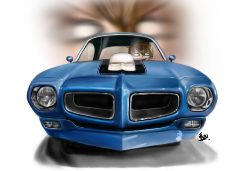 10s 1girl brown_hair car driving female_focus hair_ornament highres isago_ganma kantai_collection motor_vehicle muscle_car personification pontiac pontiac_firebird short_hair smile solo vehicle_focus yukikaze_(kancolle)