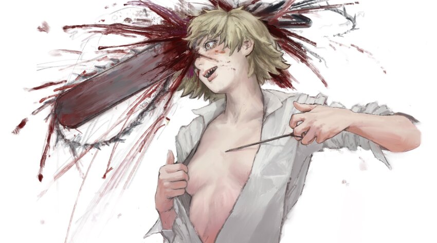 1girl blonde_hair blood chainsaw chainsaw_man denji_(chainsaw_man) genderswap genderswap_(mtf) haneda2007 highres no_bra open_clothes open_shirt pull_cord sharp_teeth short_hair simple_background solo teeth transformation white_background yellow_eyes