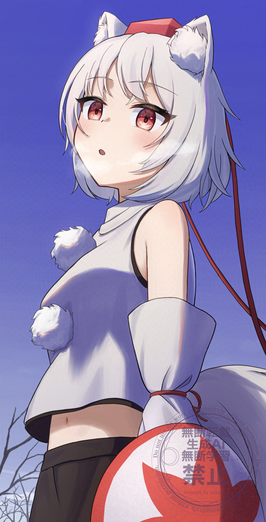 1girl absurdres animal_ear_fluff animal_ears bare_tree beckody black_skirt blue_sky blush breath commentary day detached_sleeves english_commentary grey_hair hat highres holding holding_shield inubashiri_momiji leaf_print looking_at_viewer maple_leaf_print midriff navel open_mouth outdoors pom_pom_(clothes) red_eyes red_hat shield shield_print skirt sky solo tail tokin_hat touhou tree watermark wolf_ears wolf_girl wolf_tail