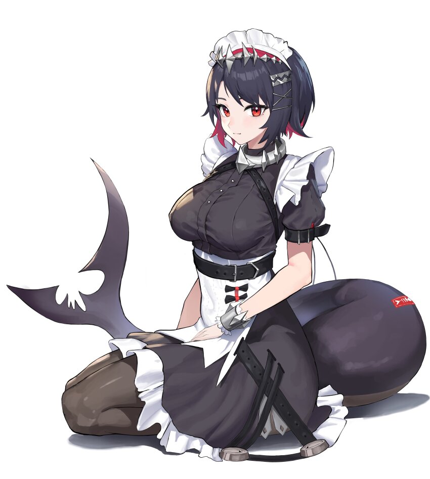 1girl absurdres chro_art colored_inner_hair ellen_joe fins fish_tail frilled_wristband full_body highres maid maid_headdress metal_hairband mole mole_under_eye multicolored_hair pantyhose red_eyes shark_girl shark_tail solo spiked_headband tail zenless_zone_zero