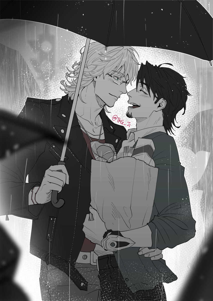 2boys arm_around_waist bag barnaby_brooks_jr. belt belt_buckle buckle closed_eyes collarbone commentary_request cowboy_shot crew_neck facial_hair food glasses goatee greyscale groceries grocery_bag highres holding holding_bag holding_umbrella jacket kaburagi_t._kotetsu lapels looking_at_another male_focus medium_hair monochrome multiple_boys open_mouth pants paper_bag people profile rain rimless_eyewear shirt shirt_tucked_in shopping_bag smile standing teeth tiger_&amp;_bunny tkg_ji twitter_username umbrella yaoi