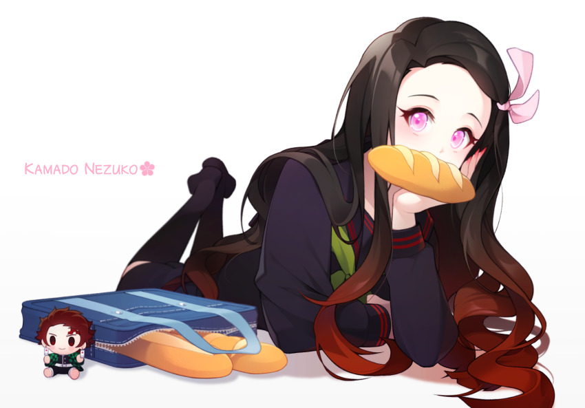 1girl bag black_hair black_sailor_collar black_serafuku black_shirt black_skirt black_socks bow bread character_name chepill female_focus fingernails food gradient_hair green_neckerchief hair_bow kamado_nezuko kamado_tanjirou kimetsu_gakuen kimetsu_no_yaiba kneehighs long_hair long_sleeves looking_at_viewer lying mouth_hold multicolored_hair nail_polish neckerchief on_stomach pink_bow pink_eyes red_hair red_nails sailor_collar school_bag school_uniform serafuku sharp_fingernails shirt skirt socks solo the_pose unzipped very_long_hair