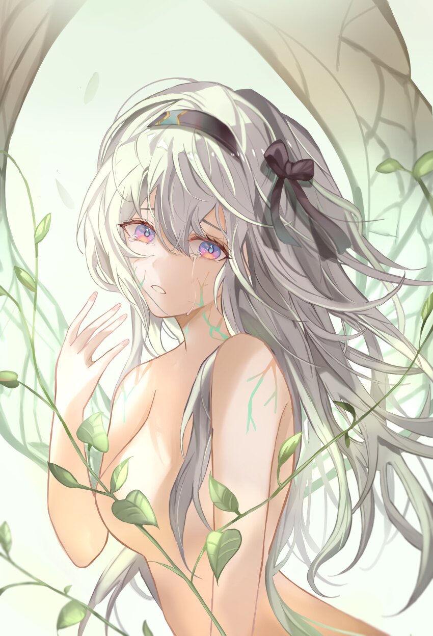 absurdres black_hairband blue_pupils completely_nude firefly_(honkai:_star_rail) glowing_cracks grey_hair hair_between_eyes hair_ornament hair_ribbon hairband highres honkai:_star_rail honkai_(series) multicolored_eyes nude open_mouth plant ribbon single_breast watage_tanpopo
