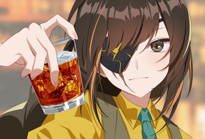 alcohol blue_necktie blunt_bangs braid brown_eyes brown_hair brown_vest closed_mouth cup drinking_glass eyepatch girls&#039;_frontline highres holding holding_cup ice ice_cube long_hair looking_at_viewer m16a1_(fairy_kingdom_brew)_(girls&#039;_frontline) m16a1_(girls&#039;_frontline) mole mole_under_eye multicolored_hair necktie omas_lie scar scar_across_eye scar_on_face shirt solo vest wine wine_glass yellow_shirt