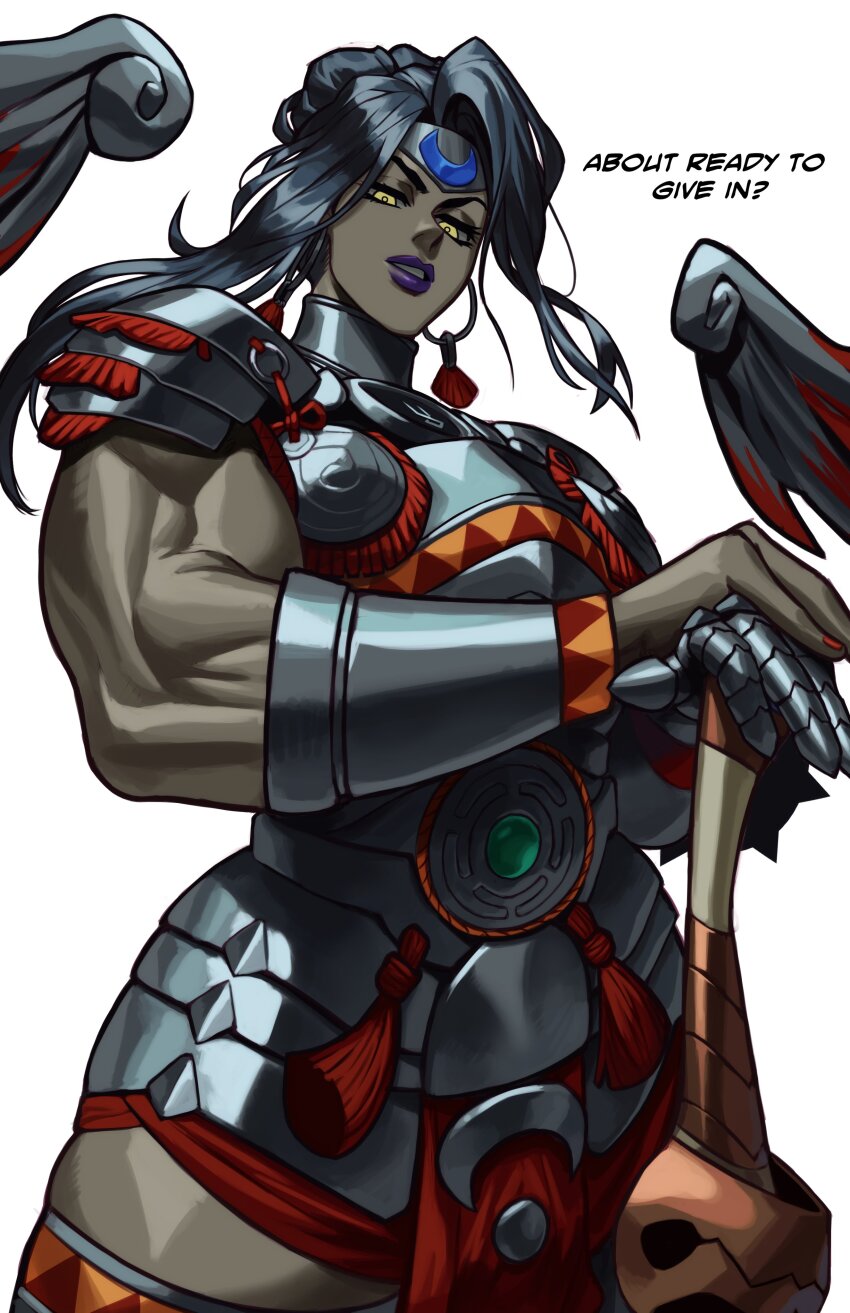 1girl absurdres arm_shield armor biceps black_hair cuisses earrings english_text forehead_protector gauntlet gauntlets hades_(series) hades_2 hair_bun highres hoop_earrings jewelry leg_armor lipstick looking_at_viewer makeup muscular muscular_arms muscular_female nail_polish nemesis_(hades) purple_lips red_nails shoulder_armor solo sotcho sword weapon yellow_eyes