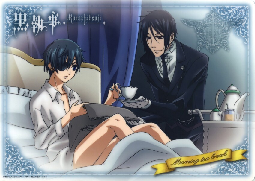 age_difference bare_legs bed black_hair black_suit butler child ciel_phantomhive cup earrings eyepatch formal_clothes grey_hair jewelry kuroshitsuji legs male medium_hair official_art on_bed pajamas sebastian_michaelis short_hair square_enix suit teacup teapot yaoi