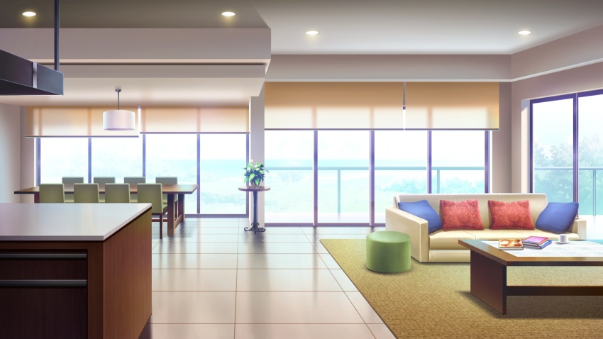 apartment book carpet ceiling_light chair couch day dining_room footrest glowing highres indoors no_humans non-web_source official_art our_life:_beginnings_and_always pillow plant potted_plant railing reflective_floor scenery sunlight table tile_floor tiles tree variant_set window_light window_shutter wooden_chair wooden_table