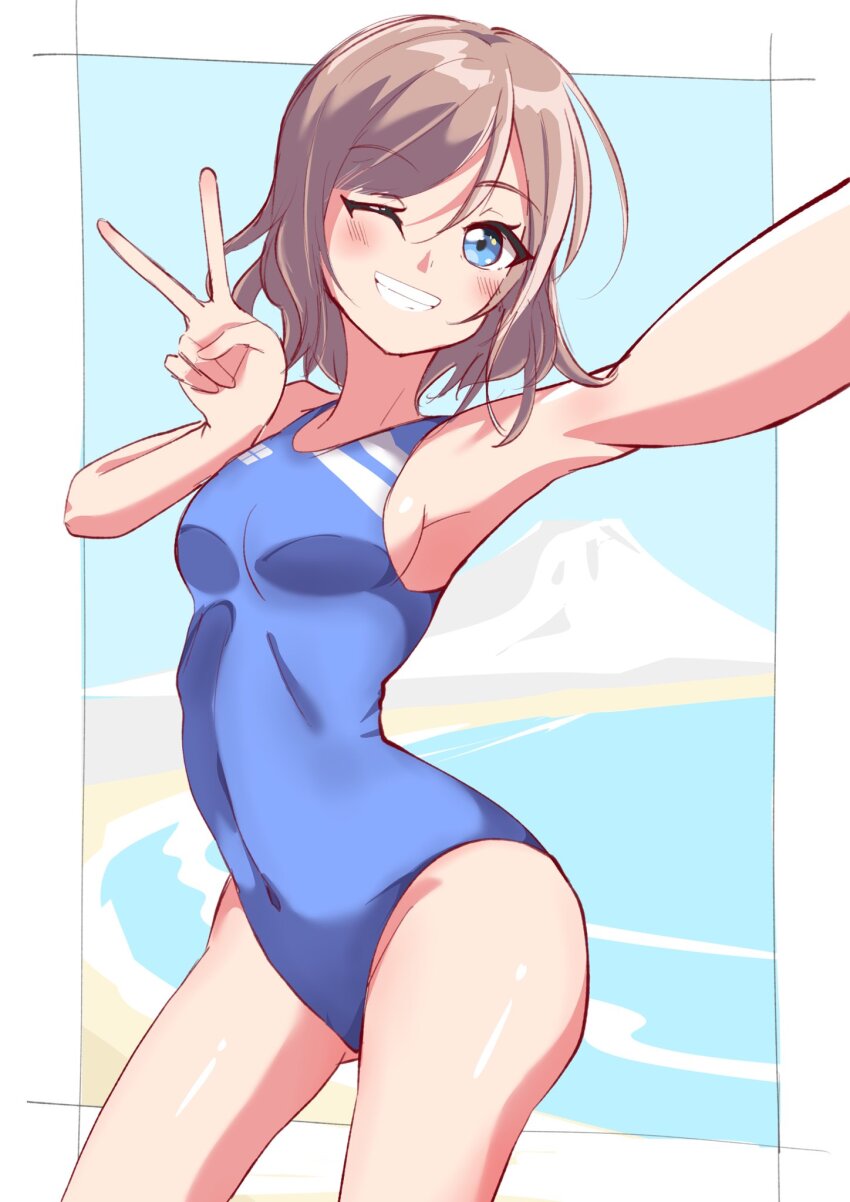 ass blue_eyes breasts brown_hair competition_swimsuit covered_navel highres love_live! love_live!_sunshine!! navel ocean one-piece_swimsuit short_hair swimsuit thighs v watanabe_you water
