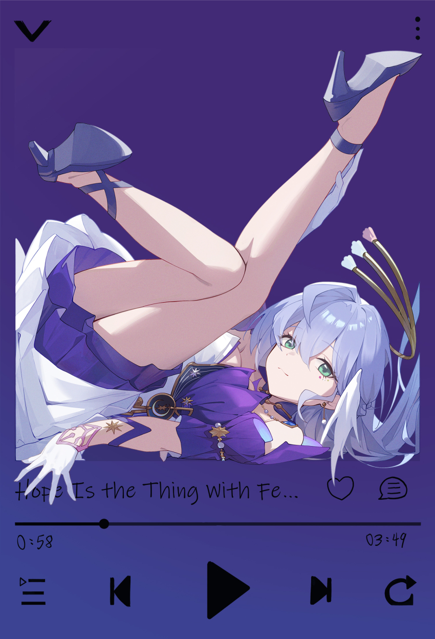 1girl ahoge blue_hair closed_mouth commentary_request detached_sleeves dress encasement fake_phone_screenshot fake_screenshot fast_forward_button gloves green_eyes hair_between_eyes hand_on_own_ankle head_wings high_heels highres honkai:_star_rail honkai_(series) jewel_under_eye legs legs_up long_hair looking_at_viewer lying music_player on_back play_button progress_bar rewind_button robin_(honkai:_star_rail) shoes short_sleeves smile solo sukaliya white_dress white_gloves white_wings wings