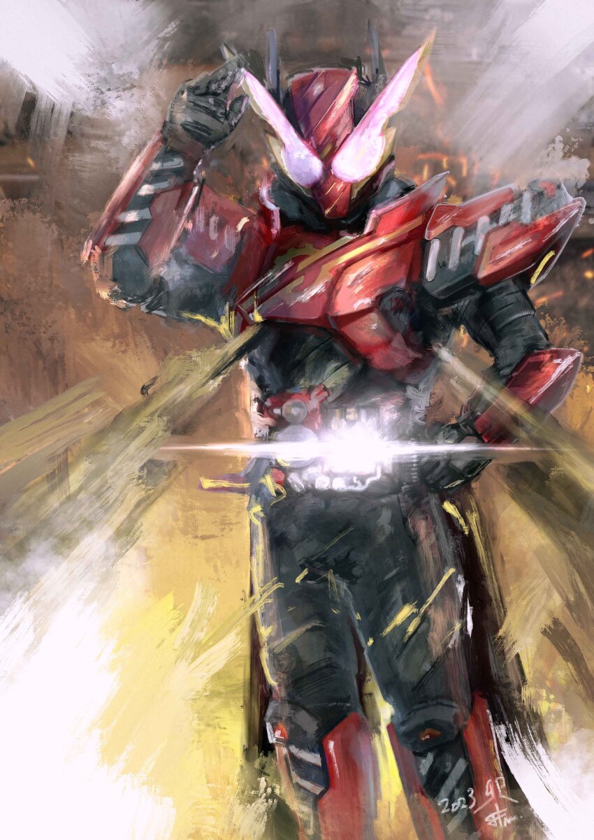 1boy 2023 absurdres armor artist_name build_driver chinese_zodiac commentary commentary_request compound_eyes fullfull_bottle glowing hand_on_own_hip happy_new_year hazard_trigger highres kamen_rider kamen_rider_build kamen_rider_build_(series) leg_armor male_focus new_year open_hand pink_eyes rabbit+rabbit_form red_armor shoulder_armor signature solo spring_(object) year_of_the_rabbit yygnzm